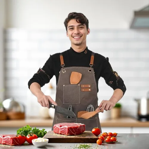 Miniatura 6 de Delantal de cocina de lona con parte trasera cruzada, impermeable, repelente al aceite, delantal de jardinería resistente con tamaño grande