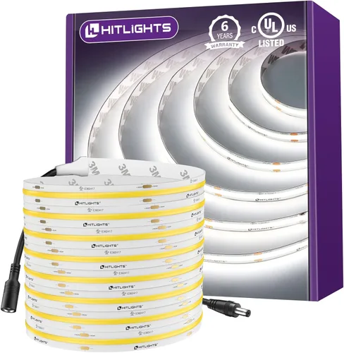 Miniatura 11 de HitLights - Tira de luces LED COB de color blanco cálido de 3000 K, cinta de luz de alta densidad de 32.8 pies de 24 V, 5120 LED, 350+ lm/pies, CRI