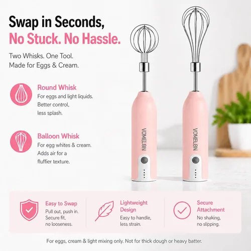 Miniatura 9 de Batidor eléctrico de huevos, mezclador con carga USB, ajuste de tres velocidades, adecuado para batir huevos, crema, salsa, mermelada y más, rosa