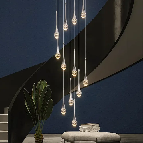Candelabro moderno de cristal para escalera, cromo pulido, 12 luces, H120 pulgadas, gran techo alto, espiral, regulable, LED, gota de lluvia,
