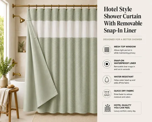 Miniatura 2 de Cortina de ducha con tejido de punto gofre, con forro de tela impermeable a presión, ventana superior de malla, resistente al agua, lavable a