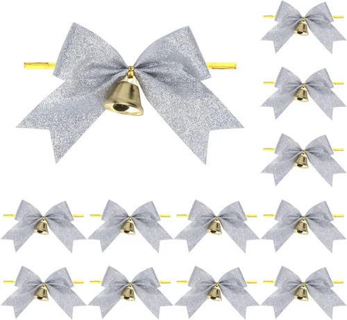 Miniatura 10 de Meseey 12 piezas de lazos de Navidad con campana, lazos de 4 pulgadas de oro metálico con purpurina para regalos, lazos prehechos con lazo