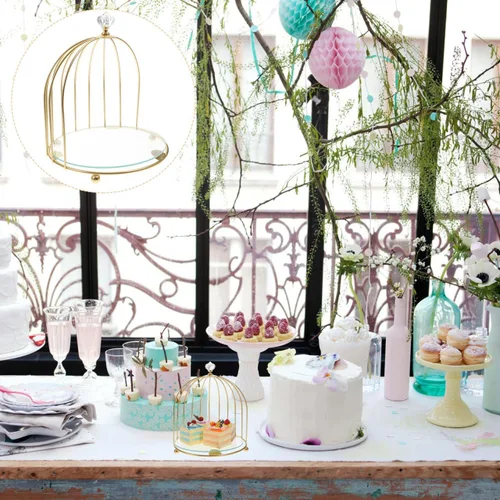 Miniatura 7 de BESTonZON Jaula de pájaros de metal dorado, soporte para cupcakes, postres para bodas, fiestas, cumpleaños, celebraciones de ducha, decoración