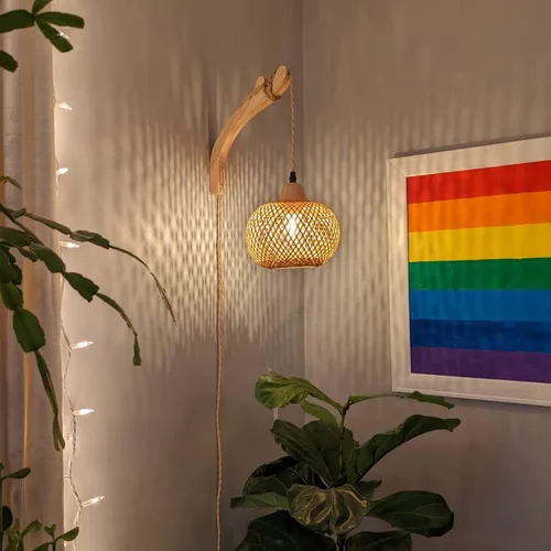 Miniatura 2 de Frideko - Farol de bambú enchufable, apliques de pared de mimbre con cable de enchufe, luz de pared de ratán tejida a mano, apliques de pared