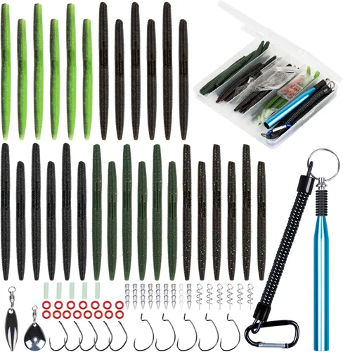 Miniatura 9 de 30/50/78/100 piezas Senko Worms Kit - Señuelos de pesca de plástico suave de 4"/5" con impregnación de sal para pesca de lubina Varios colores A