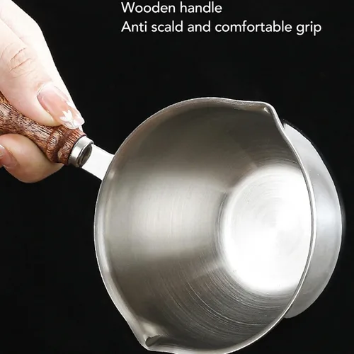 Miniatura 3 de Calentador de 3 capas de acero inoxidable multiusos para leche de chocolate hirviendo con mango de madera, calentador de leche, mini olla de leche