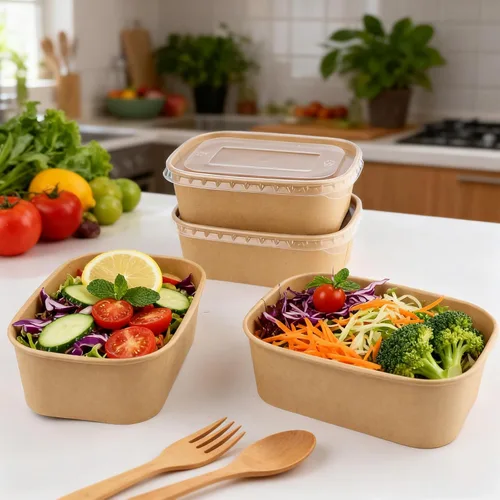 Miniatura 6 de Paquete de 50 cuencos de papel kraft desechables de 25 onzas con tapas, recipientes rectangulares de papel para alimentos, recipientes