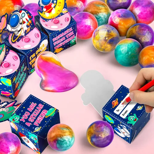 Miniatura 6 de SURCVIO Paquete de 28 regalos para el día de San Valentín para niños, limo de galaxia con caja de tarjetas de felicitación, juguete para aliviar