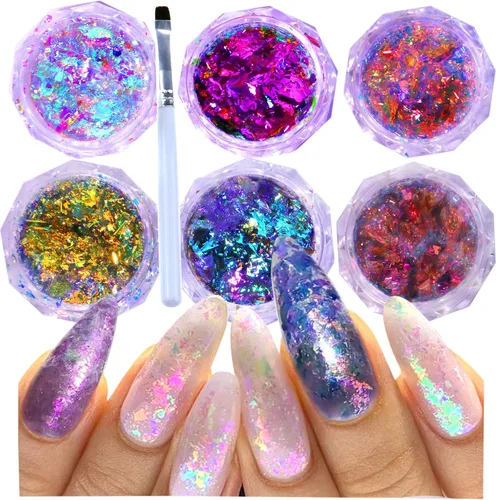 Miniatura 10 de Brillantina holográfica para uñas, 12 rejillas, ópalo con purpurina en polvo, dijes de uñas, piedras de sirena, lentejuelas iridiscentes, escamas