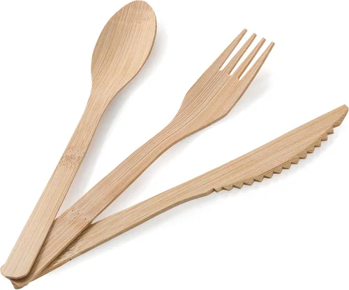 Miniatura 5 de 2ZEBRAZ - Juego de cubiertos de bambú de 100 piezas, 50 tenedores, 25 cuchillos, 25 cucharas, utensilios desechables resistentes para fiestas