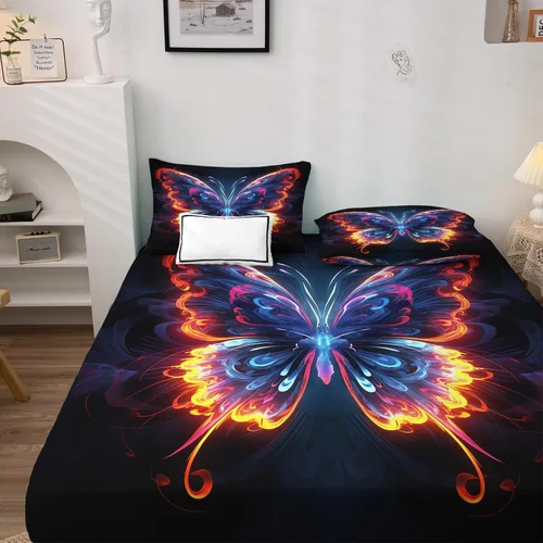Miniatura 2 de Juego de sábanas de mariposa tamaño King dividido, sábanas de mariposas y llamas, sábanas y fundas de almohada estampadas de 5 piezas, microfibra