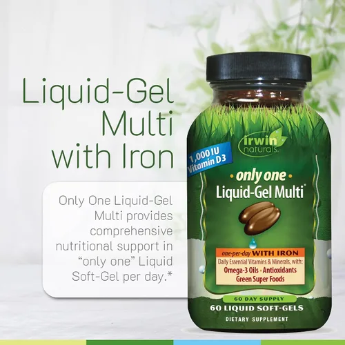 Miniatura 5 de Irwin Naturals Only One Liquid Gel Multi con Hierro Vitaminas esenciales diarias, minerales, antioxidantes, Omega-3 y Super Alimentos Verdes - 60