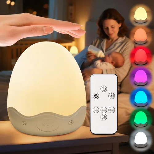 Luz nocturna de bebé para niños, 10 niveles de brillo + 10 colores de luz de huevo para guardería, táctil + control remoto + luz nocturna de huevo