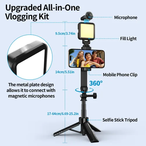 Miniatura 3 de yAyusi Kit de vlogging para iPhone/Android, trípode para selfie stick de 30.71 pulgadas con luz, micrófono y cajas de almacenamiento, kit básico