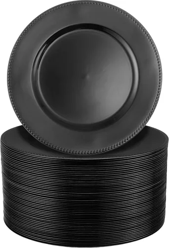 Dandat Paquete de 50 platos de carga de 13 pulgadas redondos de plástico con borde de cuentas, cargadores reutilizables, cargadores confiables para