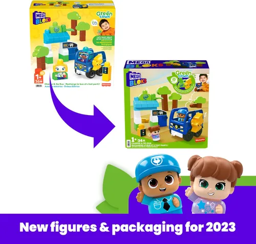 Miniatura 6 de MEGA BLOKS Fisher-Price - Bloques de construcción para niños pequeños, Green Town Charge & Go Bus con 34 piezas, 2 figuras, niños a partir de 1 año