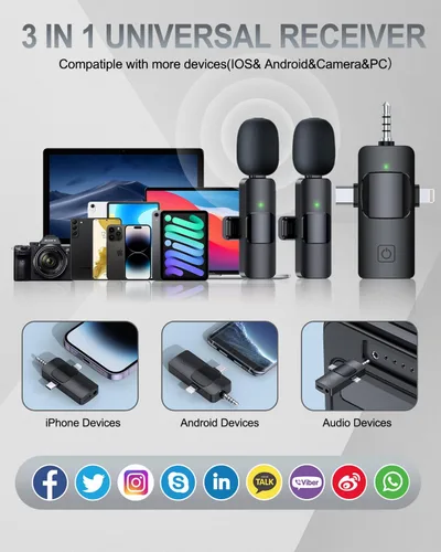Miniatura 8 de PQRQP Micrófono Lavalier inalámbrico profesional 3 en 1 para iPhone/Android/cámara, micrófonos inalámbricos, mini micrófono, calidad de sonido