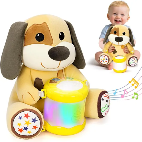 V-Opitos Juguetes de Perro de Peluche Musicales para Bebés de 6-12 Meses+, Juego de Música Iluminada de Tambor de Aprendizaje Temprano, Regalos