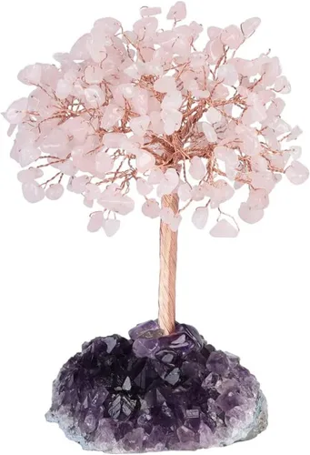 Árbol de cristal con piedras curativas naturales sobre base drusa de amatista, árbol de la vida bonsái para la salud y la curación de la suerte,
