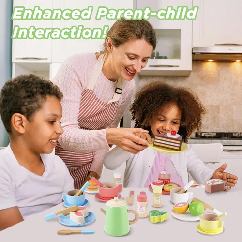 Miniatura 8 de GAGAKU Juego de té de madera y platos de madera 2 en 1, juego de comida de juguete 28 piezas Montessori Play Accesorios de cocina para niños