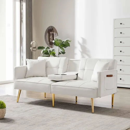 Miniatura 6 de Sofá cama tipo futón convertible de 69 pulgadas, 2 portavasos de terciopelo moderno con patas de metal, bolsillo lateral, sofá biplaza tapizado