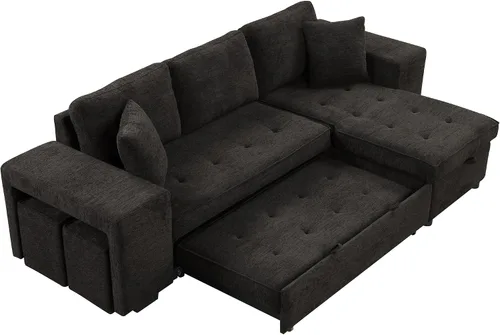 Miniatura 9 de Sofá cama modular reversible de 104.5 pulgadas con cama extraíble, sofá modular convertible en forma de L con diván de almacenamiento y 2 taburetes