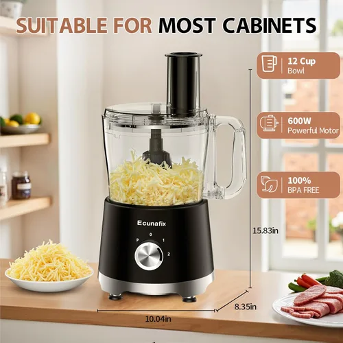 Miniatura 3 de Procesador de alimentos y picador de verduras 600 W sin BPA, tazón de 12 tazas, cortador de papas fritas, molinillo de 6.8 onzas para rallar queso