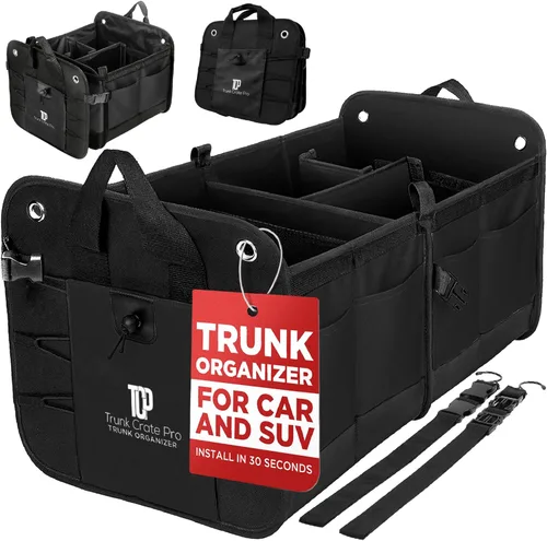 Caja organizadora portátil retráctil de varios compartimentos de primera calidad TrunkCratePro para autos, SUV, camiones, minivans, Negro