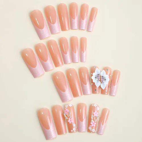Miniatura 2 de Uñas postizas a presión de mariposa, uñas postizas largas de punta francesa con diseño de ataúd rosa, diamantes de imitación de flores, pegamento