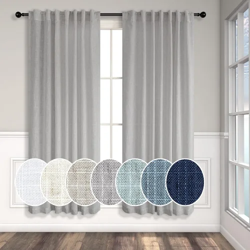Miniatura 16 de Cortinas de lino azul de 84 pulgadas de largo para sala de estar; juego de 2 paneles con lengüeta trasera; cortinas con dobladillo para barra; Azul