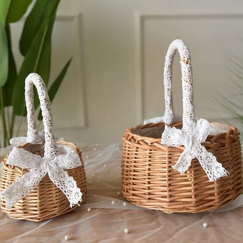 Miniatura 7 de Cesta de mimbre de ratán para flores, juego de 2 cestas de boda para niña, cesta tejida a mano de sauce con asas e inserto de plástico, cesta