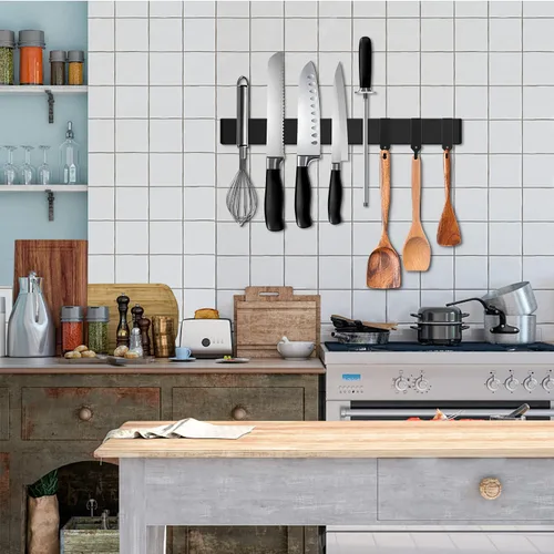 Miniatura 2 de Tira magnética negra para cuchillos para refrigerador, soporte magnético de acero inoxidable de doble cara de 17 pulgadas con ganchos