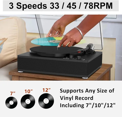 Miniatura 4 de Reproductor de discos de vinilo con transmisor inalámbrico de entrada/salida Bluetooth, placa de tamaño completo, tocadiscos de 3 velocidades