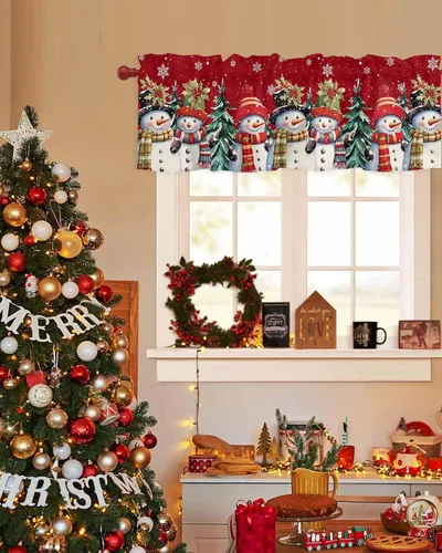 Miniatura 3 de Cenefa de muñeco de nieve de Navidad para ventanas de cocina, cenefas de invierno con bolsillo para barra, cortinas cortas, copos de nieve, bayas