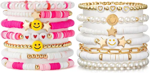 LieToi Preppy - Juego de pulseras Heishi coloridas de oro blanco sonriente, corazón, estrella, mal de ojo, cuentas de arcilla polimérica, perlas,