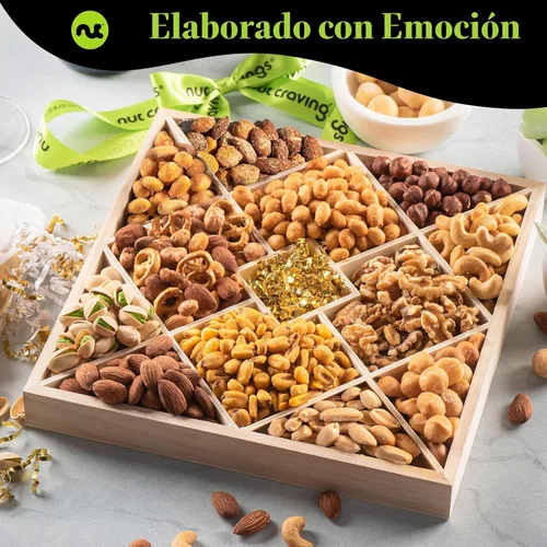 Miniatura 3 de NUT CRAVINGS - Cesta de regalo de nueces mixtas en bandeja de madera de diamante reutilizable + cinta verde (12 surtidos) golosinas para adultos