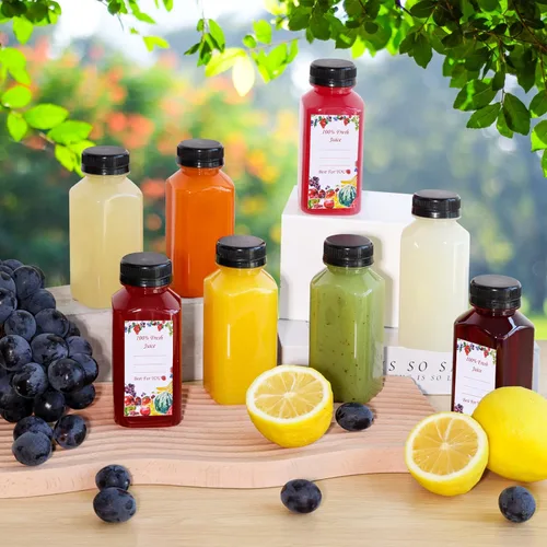 Miniatura 4 de SUPERLELE 12 botellas de plástico de 8 onzas con tapas, recipientes transparentes reutilizables para jugo con etiquetas, embudo y cepillo
