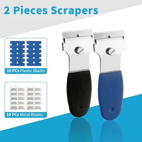 Miniatura 7 de Paquete de 2 raspadores de cuchillas de afeitar, herramienta de limpieza multiusos, con 10 hojas de metal y 10 cuchillas de plástico, para calafateo