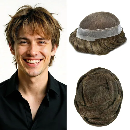 Miniatura 104 de Toupee para hombres Sistema de reemplazo de cabello humano real pieza de cabello humano para hombres encaje suizo para hombre Toupee Hair Pieces