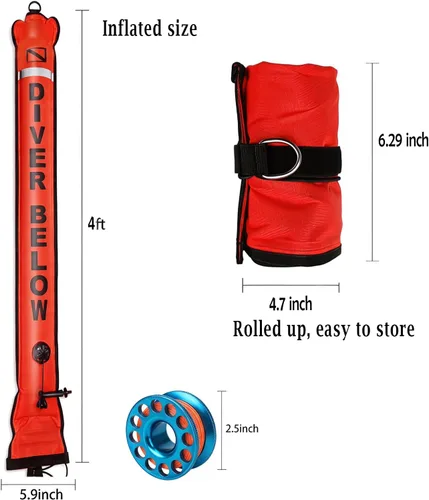 Miniatura 4 de DSMB Surface Marker Buoy with 100ft Finger Spool Reel Diver Below Signal Flag Tube Scuba Diving Equipment Open Bottom Set