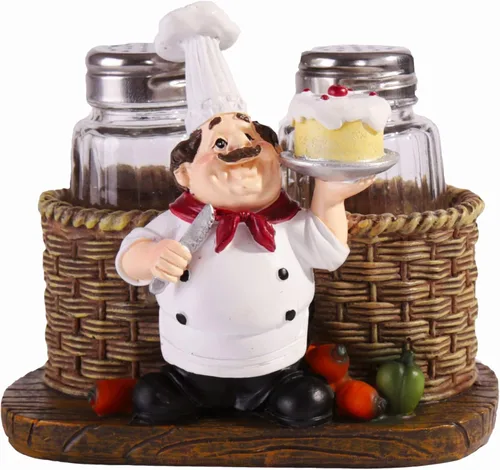 Juego de saleros y pimenteros, estatua decorativa de chef sentado, organizador de especias, tarros de especias de vidrio con soporte, figura de