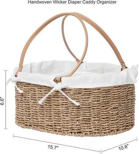Miniatura 6 de Organizador de pañales de mimbre tejido a mano, bolsa de pañales multifuncional para guardería y almacenamiento en el hogar, forro desmontable, asas