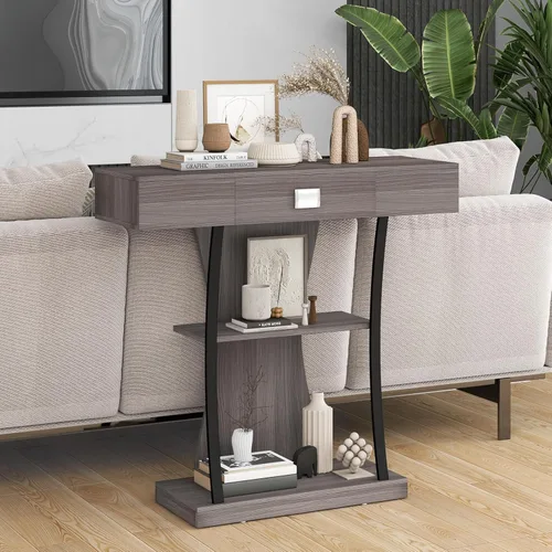 Miniatura 6 de Giantex Mesa consola estrecha en forma de T – Mesa para detrás del sofá con cajón, estantes, kits dobles antivuelcos, moderna mesa de vestíbulo