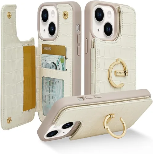CUSTYPE Funda tipo cartera para iPhone 15 de 6.1 pulgadas, funda con portarjetas, soporte de anillo con función atril con ranuras para tarjetas con