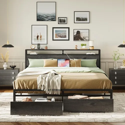 Miniatura 14 de LIKIMIO Base de cama Queen con cabecera de almacenamiento, cama de plataforma con cajones y estación de carga, no necesita somier, fácil montaje