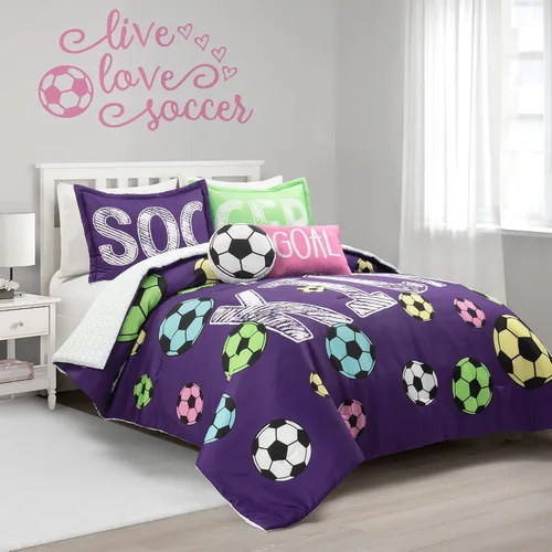 Lush Decor Juego de edredón reversible de fútbol para niñas, juego de 4 piezas, color morado, juego de ropa de cama para niños pequeños, edredón