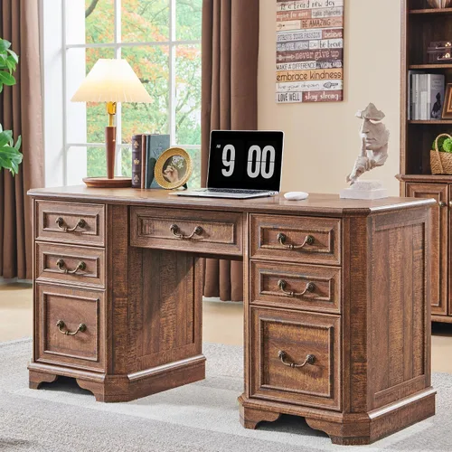 Miniatura 8 de T4TREAM - Escritorio ejecutivo de 59" estilo granja con estante superior, escritorio de madera para oficina en casa, con bandeja para teclado