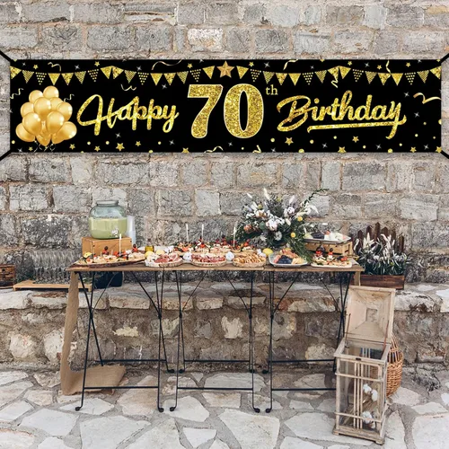Miniatura 5 de Cartel de feliz cumpleaños 70 para mujeres y hombres, suministros de fiesta de cumpleaños de 70 años de color negro y dorado, divertido tema de 70