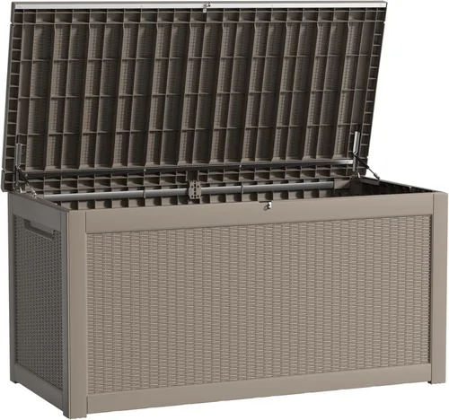 Miniatura 10 de Caja de almacenamiento impermeable para exteriores de 180 galones, caja de resina resistente a los rayos UV con varilla hidráulica para mayor 2-Gris