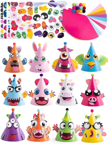 JOYIN 12 juegos de sombreros de fiesta para niños, juegos de fiesta, actividades de manualidades, lindos sombreros de cumpleaños con temática de